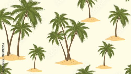 Tropical seamless pattern featuring multiple palm trees on small sand mounds over a light yellow background for summer themes.