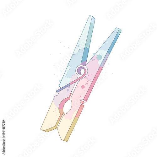 Watercolor clothespin with pastel colors and subtle splatter effect on white background