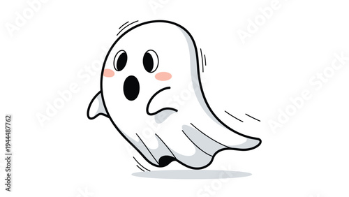 Adorable cartoon ghost with pink cheeks and a scared expression running fast, designed for playful halloween decorations or icons.
