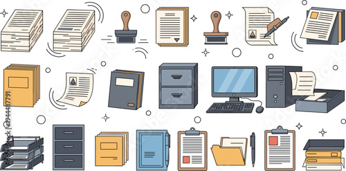 Vector Set of Office Documents and Stationery Items Including Files Folders Stamps Computer and Cabinets Isolated on White Background