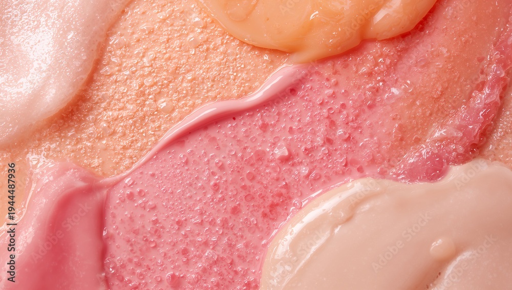 Fototapeta premium Displaying macro cosmetic swatches blending on product palette with glossy bubbles and ridges