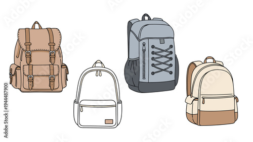 Collection of four different backpack styles in various colors like tan, gray, and cream, suitable for school, travel, or hiking.
