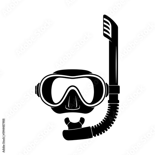 Black silhouette of a diving mask and snorkel on a white background
