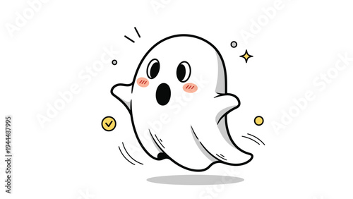 Happy surprised cartoon ghost with blushing cheeks and wide open mouth, surrounded by yellow stars and motion lines for a festive feel.