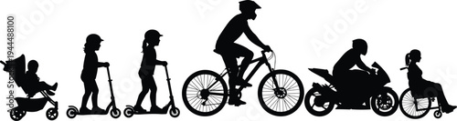 Evolution of Mobility Silhouettes Set with Baby Stroller, Kids on Scooters, Bicycle Rider, Motorcycle Biker, and Person in Wheelchair, Isolated Vector