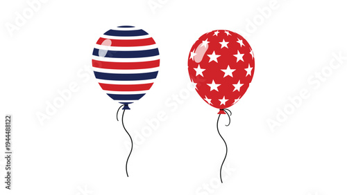 Two festive balloons decorated with red and white stripes and blue and white stars, perfect for American patriotic holidays.
