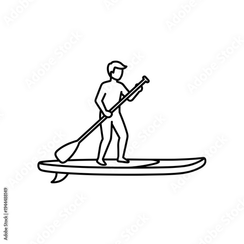Line art illustration of a person paddleboarding on a calm body of water
