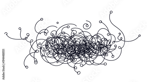 Abstract doodle art with dense black tangled lines and small circles at the ends, creating a chaotic and artistic mess.