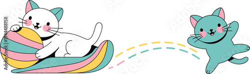 Cute cartoon kittens playing with colorful yarn ball in playful kawaii style, adorable cat characters illustration for kids design, nursery decor and pet theme