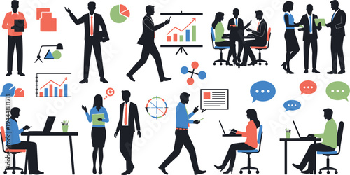 Vector Set of Business People Silhouettes and Characters Working in Office Giving Presentations and Analyzing Graphs Isolated on White