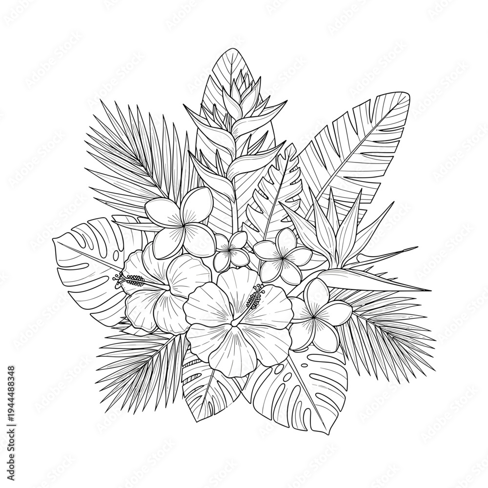 Fototapeta premium Tropical floral arrangement with hibiscus, plumeria, and bird of paradise flowers in line art