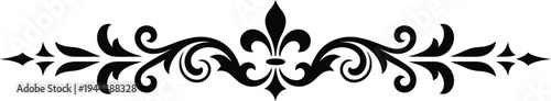 Decorative black flourish border with fleur de lis and swirling patterns on transparent background