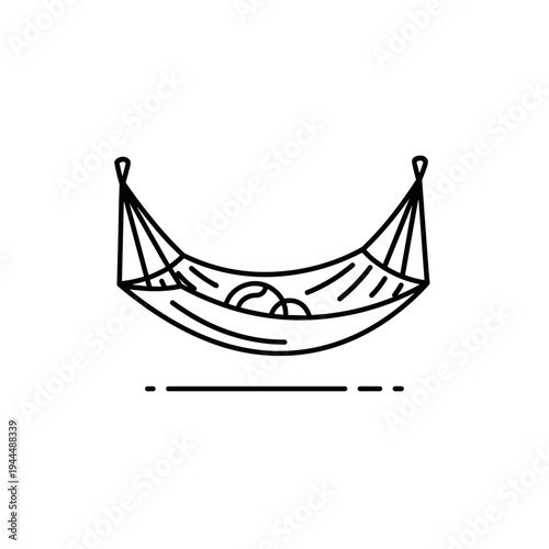 Simple line art illustration of a hammock with two balls inside, suspended by ropes
