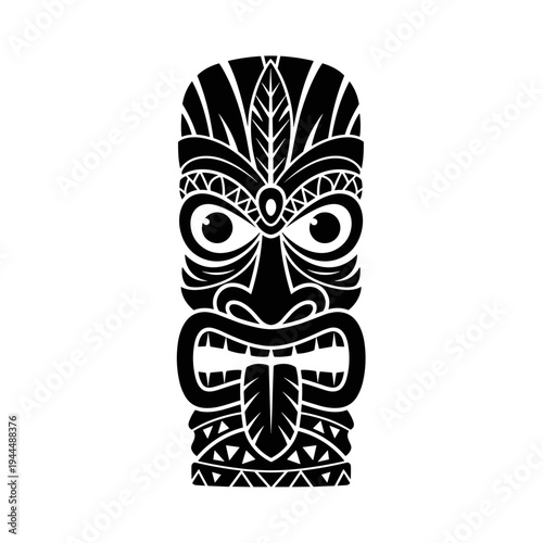 Tribal tiki mask with fierce expression and intricate patterns, black and white graphic