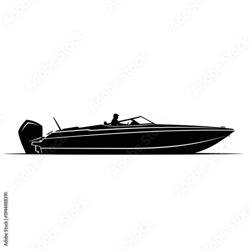 Sleek black speedboat with a driver silhouette speeding across the water