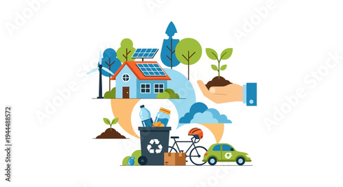 Sustainable Lifestyle Concept: Eco-Friendly Home, Renewable Energy, Waste Recycling, and Green Transportation Solutions