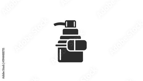 Black and white vector silhouette of a cosmetic pump bottle with a label area for hand wash or lotion product design icons.