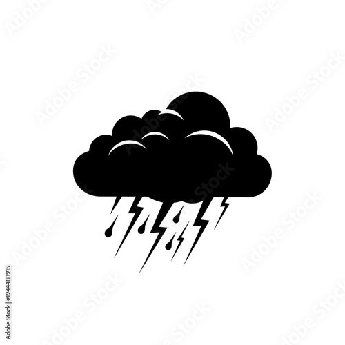 Black storm cloud with lightning and rain icon, representing severe weather conditions