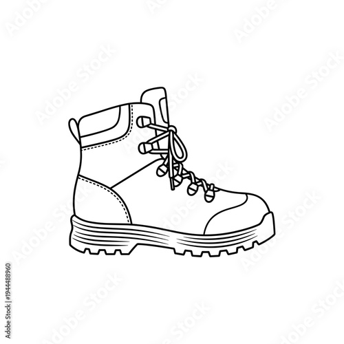 Detailed line art illustration of a sturdy hiking boot with laces and thick sole