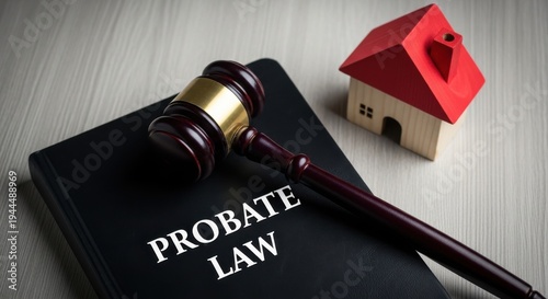 Probate Law book with judge's gavel and miniature house, symbolizing legal processes for property inheritance and estate planning