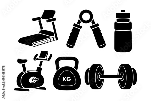 Fitness Gym Equipment Glyph Icons Set. Gym Gear, Workout Apparatus, Training Machines, Exercise Tools Silhouette Style for Sport