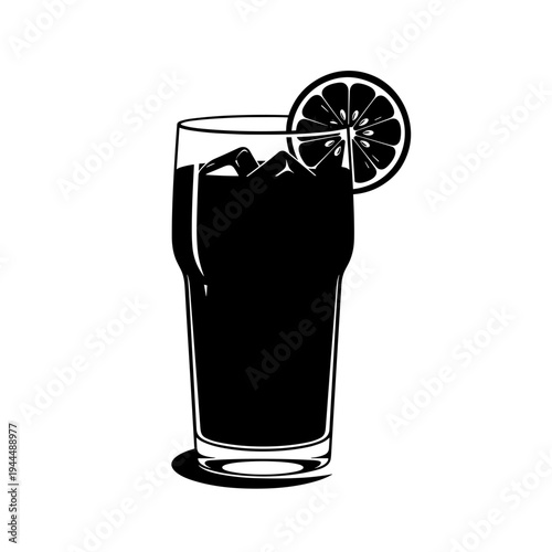 Black and white illustration of a tall glass filled with dark liquid and ice cubes, garnished with a lemon slice