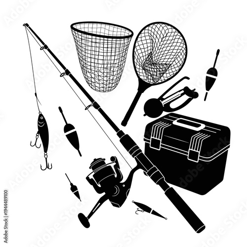 Collection of black silhouette fishing gear arranged on a white background