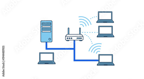 Computer network diagram showing a server connected to a router and multiple laptops via wired and wireless connections