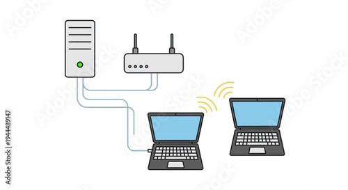 Home network setup illustration with server, Wi-Fi router, and laptops demonstrating wired and wireless internet connectivity and local area network.