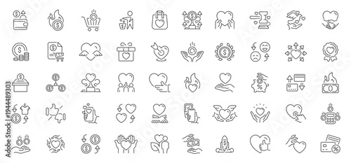 Charity and donation icons set. editable line icons, outline, fundraising symbols