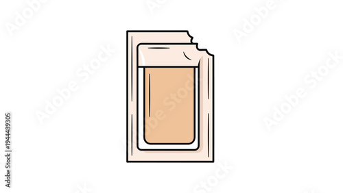 Opened beige cosmetic sachet or packet showing a torn edge for a realistic product sampling and packaging presentation in a flat style.