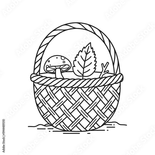 Whimsical line art basket filled with autumn elements like a mushroom and leaf