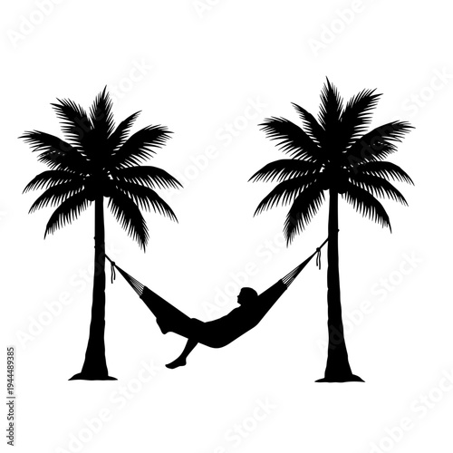 Silhouette of a person relaxing in a hammock between two palm trees on a white background