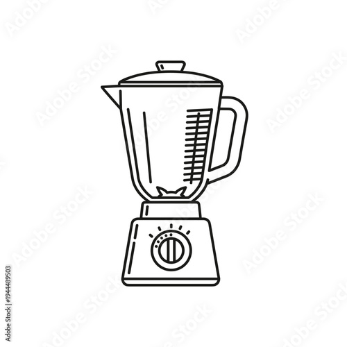 Simple line art illustration of a kitchen blender with a measuring jug and control dial