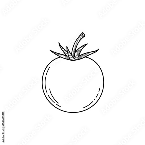 Simple black and white line drawing of a fresh tomato with stem and leaves