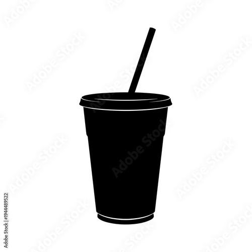 Simple black silhouette of a disposable cup with a straw and lid on a white background