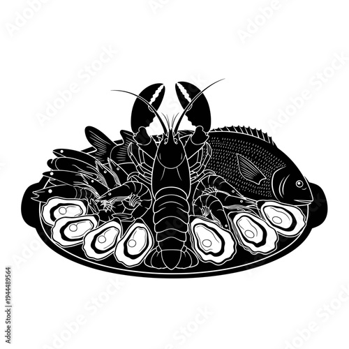 Elegant seafood platter featuring lobster, oysters, shrimp, and whole fish in a stylized illustration