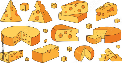 Cheese varieties collection with wedges, slices, blocks and wheels, dairy food illustration set featuring Swiss style holes in flat vector style