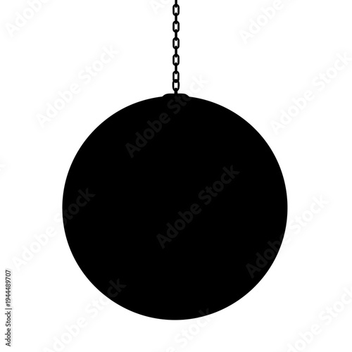 Silhouette of a heavy wrecking ball hanging from a metal chain against a white background