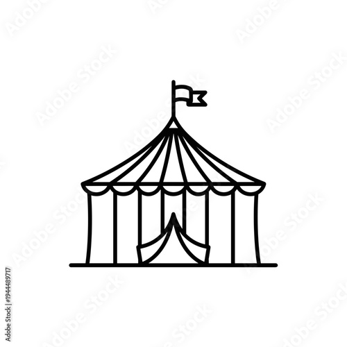 Simple line art illustration of a classic circus tent with a flag on top