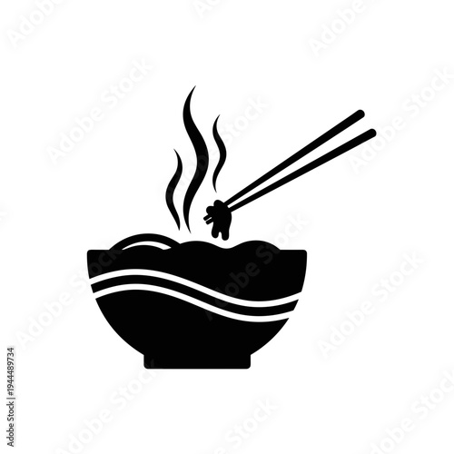 Black silhouette of chopsticks picking up food from a steaming bowl of noodles