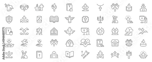 Religion icons set. editable line icons, linear, worship and faith symbols