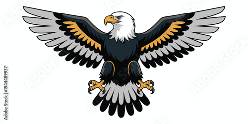 Bald Eagle Bird with Black and White Wings, Yellow Beak and Talons, Stylized American Raptor Illustration