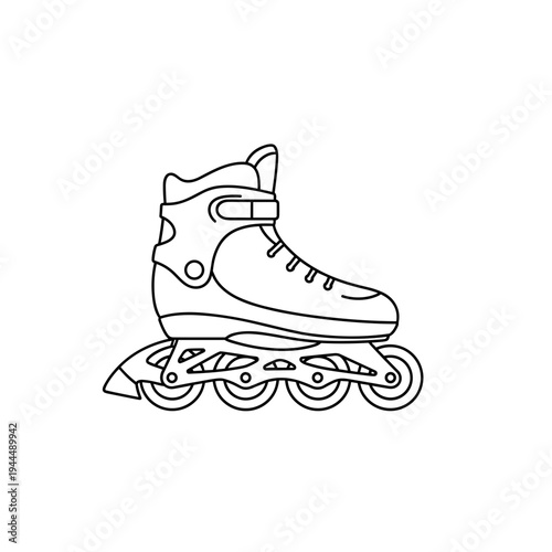 Simple black and white line art illustration of an inline skate with four wheels
