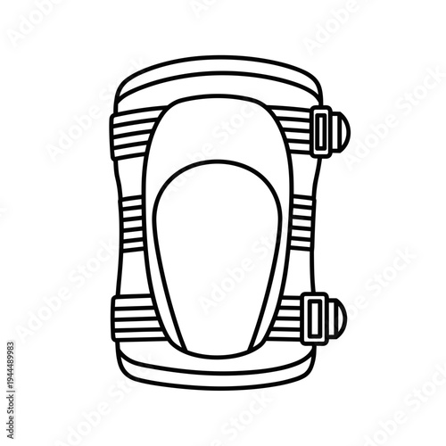 Simple line art illustration of a protective knee pad with straps and buckles