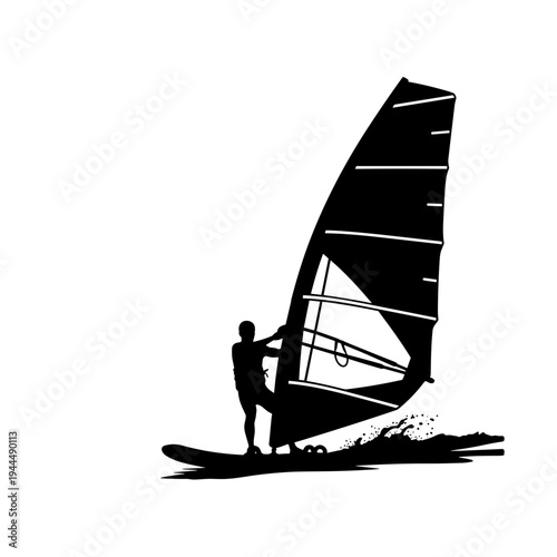 Silhouette of a windsurfer riding a wave with a large sail against a white background