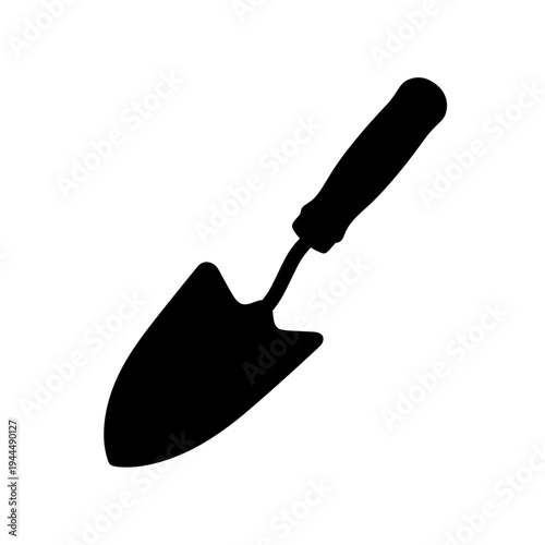 Black silhouette of a garden trowel on a white background, isolated object