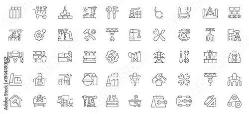 Industry icons set. editable line icons for tools, factories, and construction