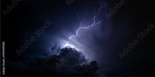 Dramatic blue lightning strikes through a dark stormy sky filled with black clouds and abstract light during a moonlit night