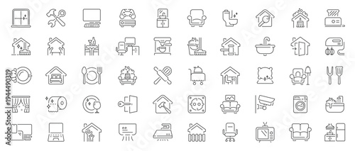 Home essentials icons set. editable line icons for house, appliances, and living